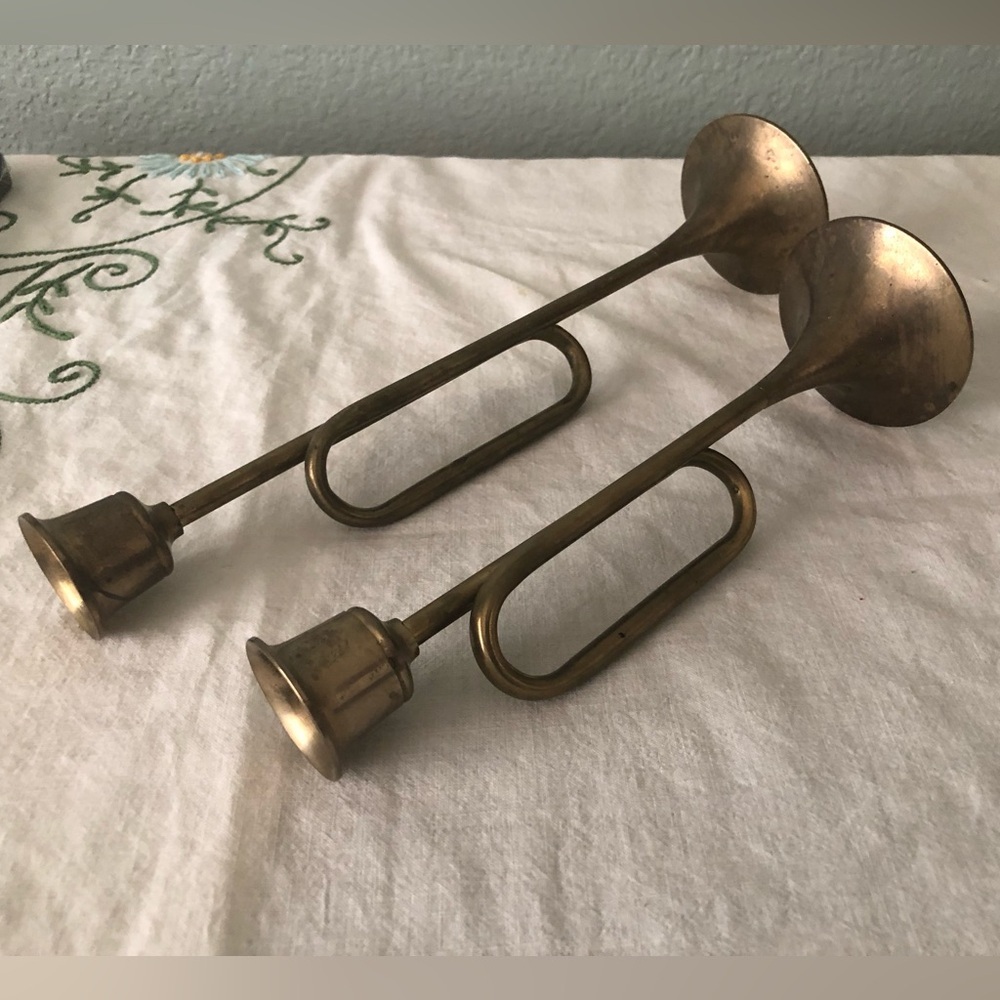 vtg pair of solid brass trumpet candel holders made in taiwan